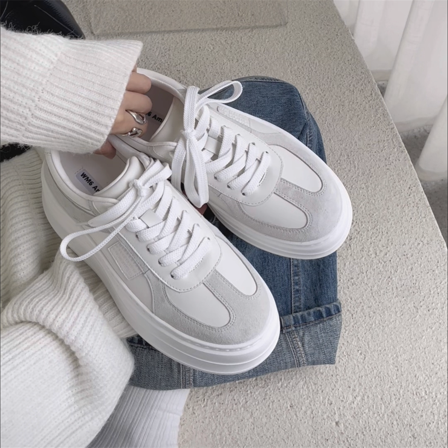 WM6女鞋2025秋冬新款欧货真皮圆头系带厚底小白鞋休闲运动鞋板鞋,女鞋,休闲板鞋,淘宝优惠券,粉丝福利购,淘宝优惠卷