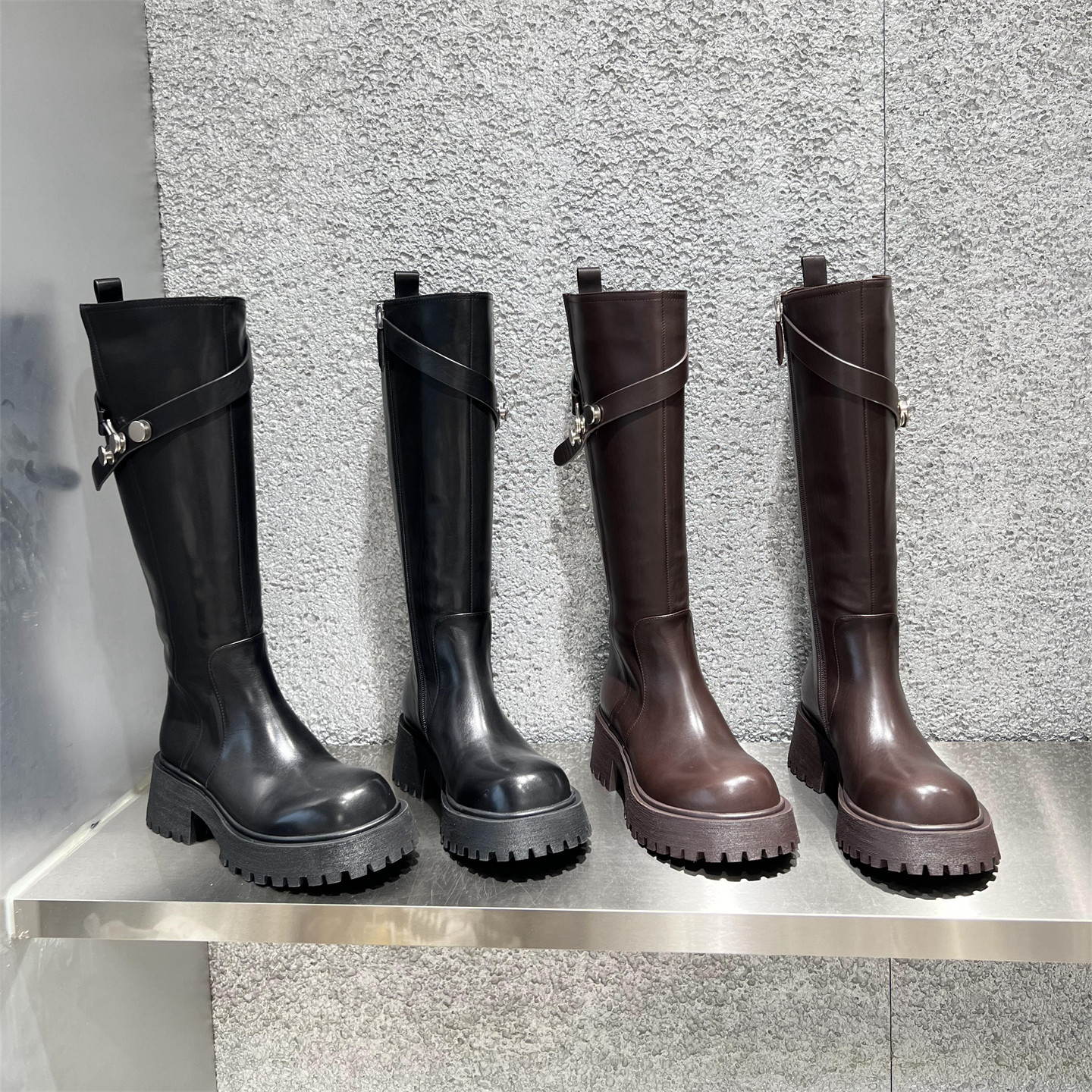 乐魔真皮厚底胎牛高筒长靴骑士靴