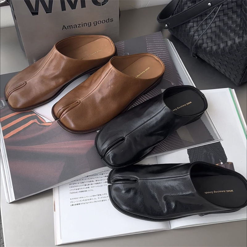 wm6女鞋2026春新款欧货真皮分趾平底勃肯半拖鞋外穿懒人包头拖鞋