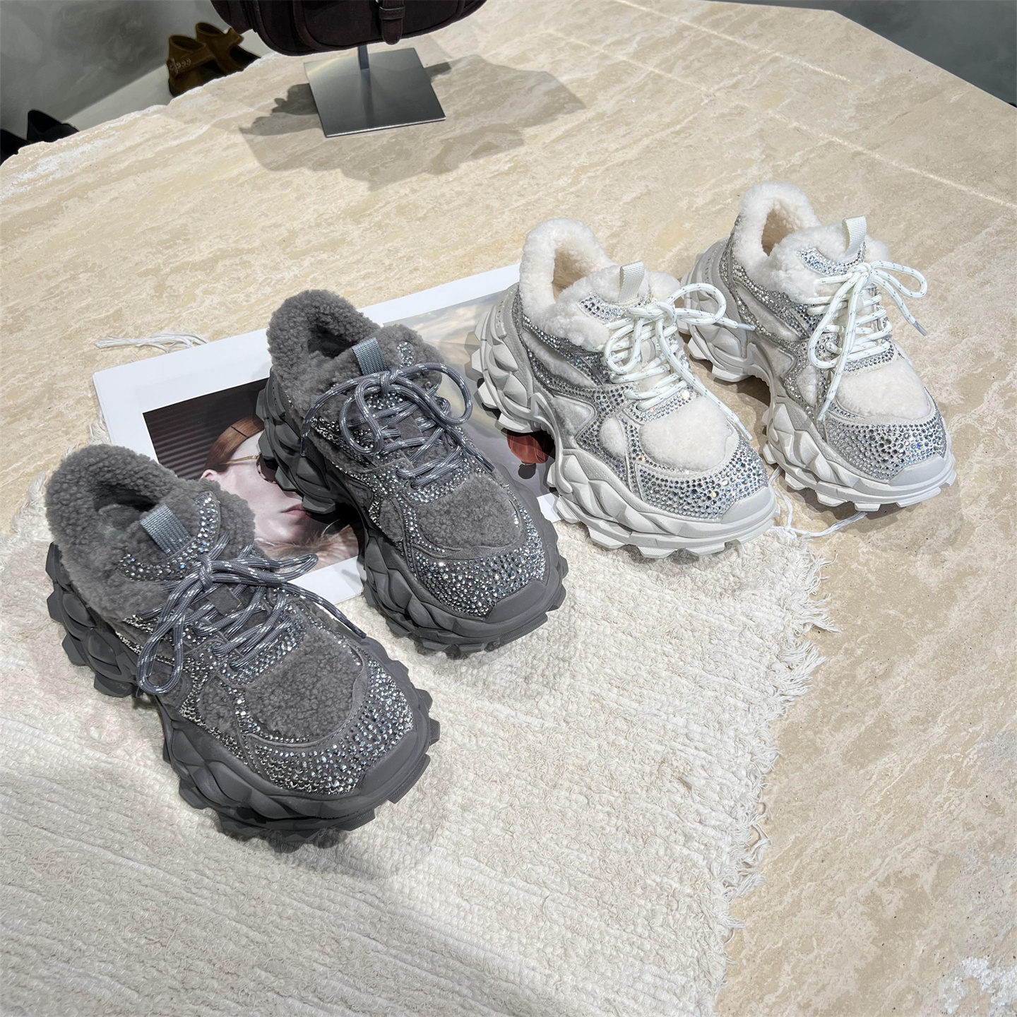 真皮烫钻加绒保暖老爹鞋运动鞋潮