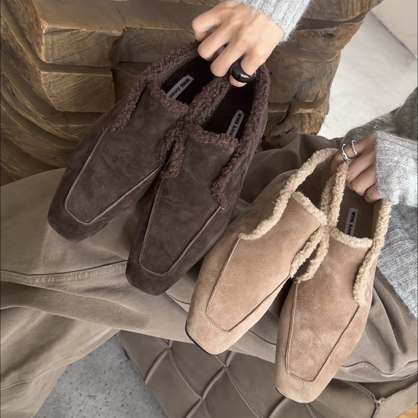 wm6真皮磨砂羊毛保暖乐福棉鞋