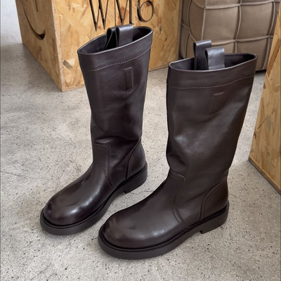 欧货真皮圆头粗跟套筒高筒马丁靴