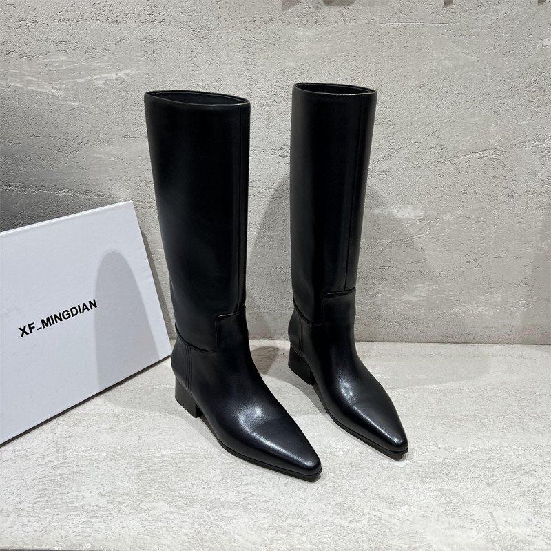 欧洲站女靴2024秋冬新款欧货真皮尖头粗跟胎牛皮高筒长靴骑士靴潮,女鞋,骑士靴,淘宝优惠券,粉丝福利购,淘宝优惠卷