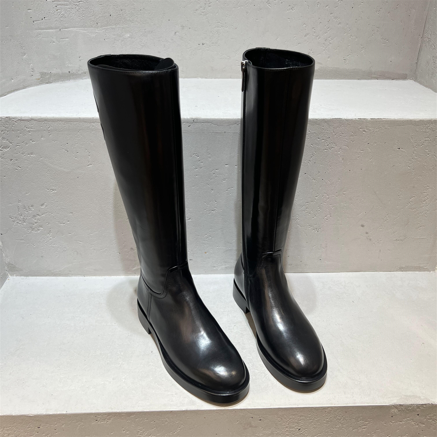 真皮胎牛皮侧拉链高筒长靴骑士靴