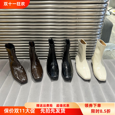 乐魔真皮方头后拉链短靴马丁靴潮