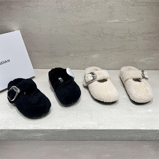 欧洲站女鞋2025秋冬新款真皮厚底羊羔毛勃肯鞋包头半拖毛毛鞋拖鞋