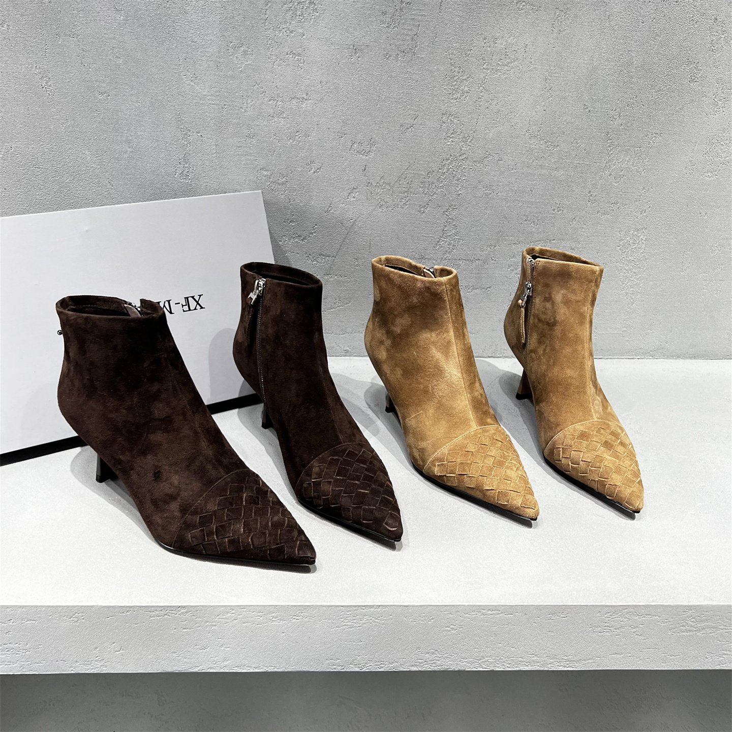 真皮磨砂皮尖头高跟短靴马丁靴潮