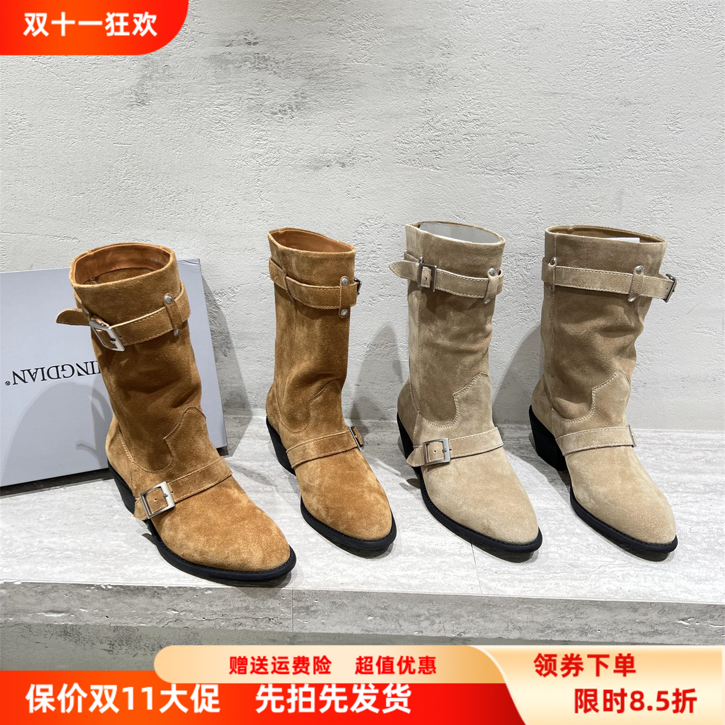 真皮磨砂皮扣带高跟马丁靴中筒靴