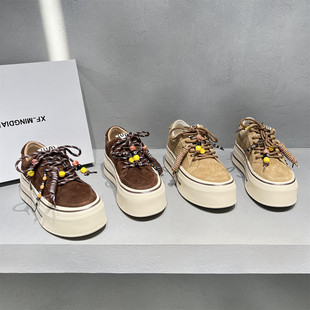 欧洲站女鞋2025秋新款真皮圆头系带厚底百搭休闲运动鞋松糕底板鞋