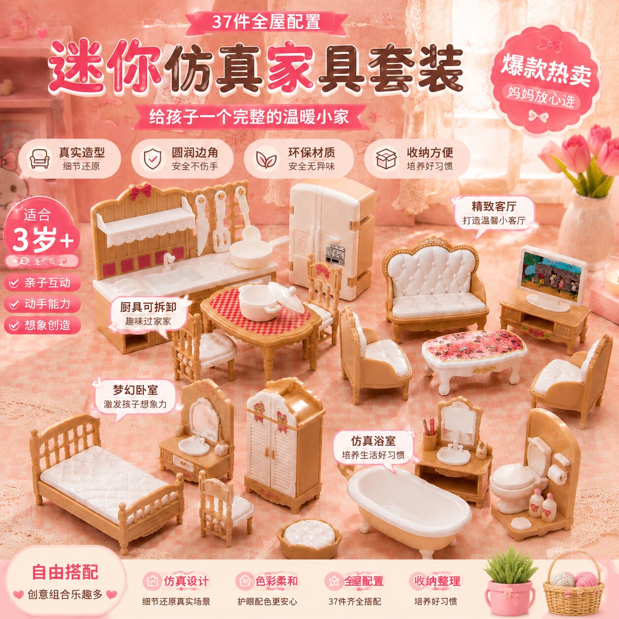 儿童仿真过家家玩具37件家具套