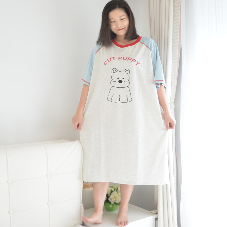 200斤加肥大码卡通小狗睡裙女胖MM夏季短袖薄款纯棉孕妇家居睡衣