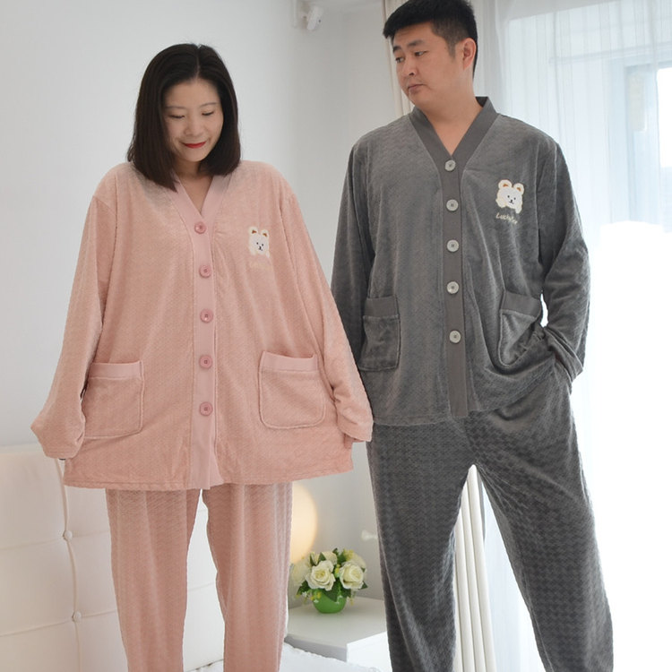 200斤加肥大码薄绒情侣睡衣男女冬季海岛绒V领开衫保暖家居服套装