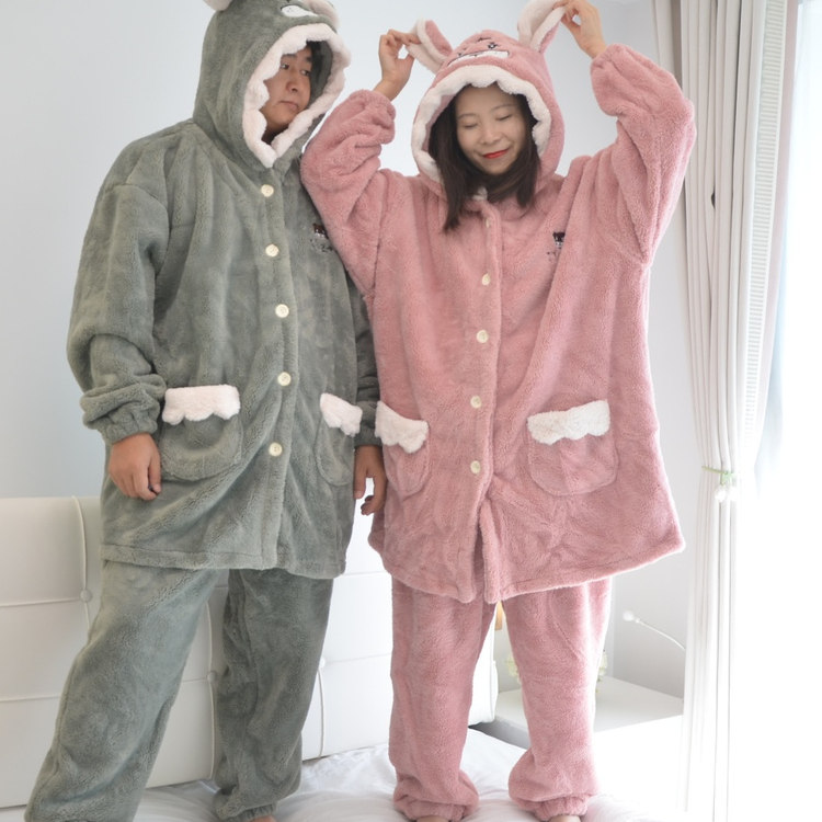 冬季加肥大码巨厚绒情侣睡衣男女长款开衫法兰绒保暖家居服200斤