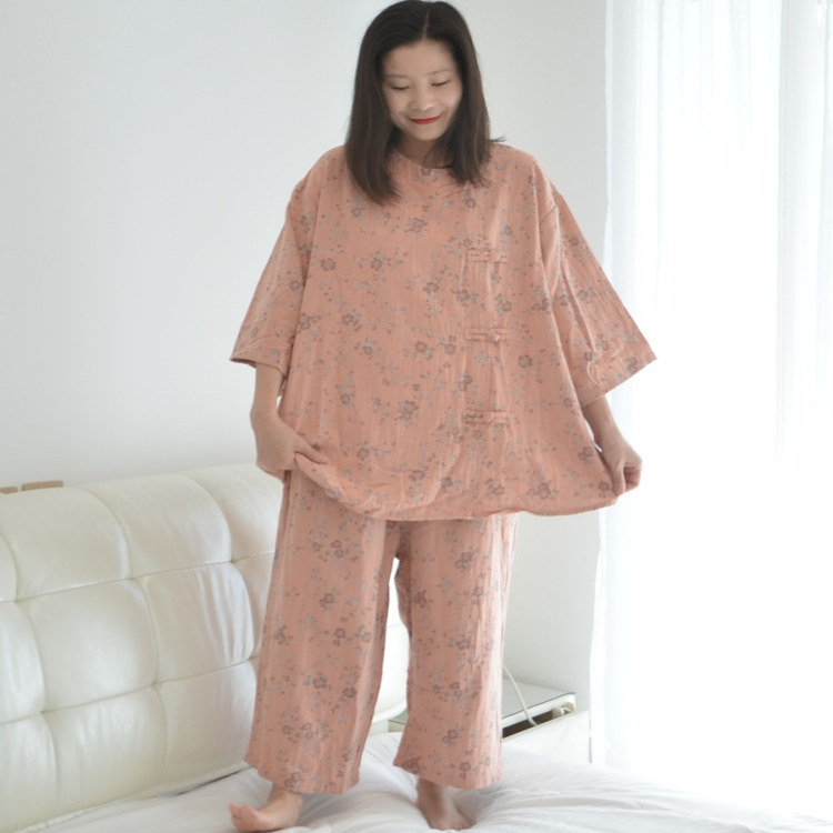 200斤加肥加大码纯棉纱布睡衣女胖MM春秋夏季中袖七分裤家居睡衣