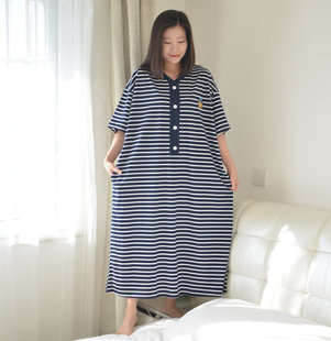 长款 短袖 针织纯棉V领条纹胖MM家居服 卡通小熊睡裙女夏季 200斤大码