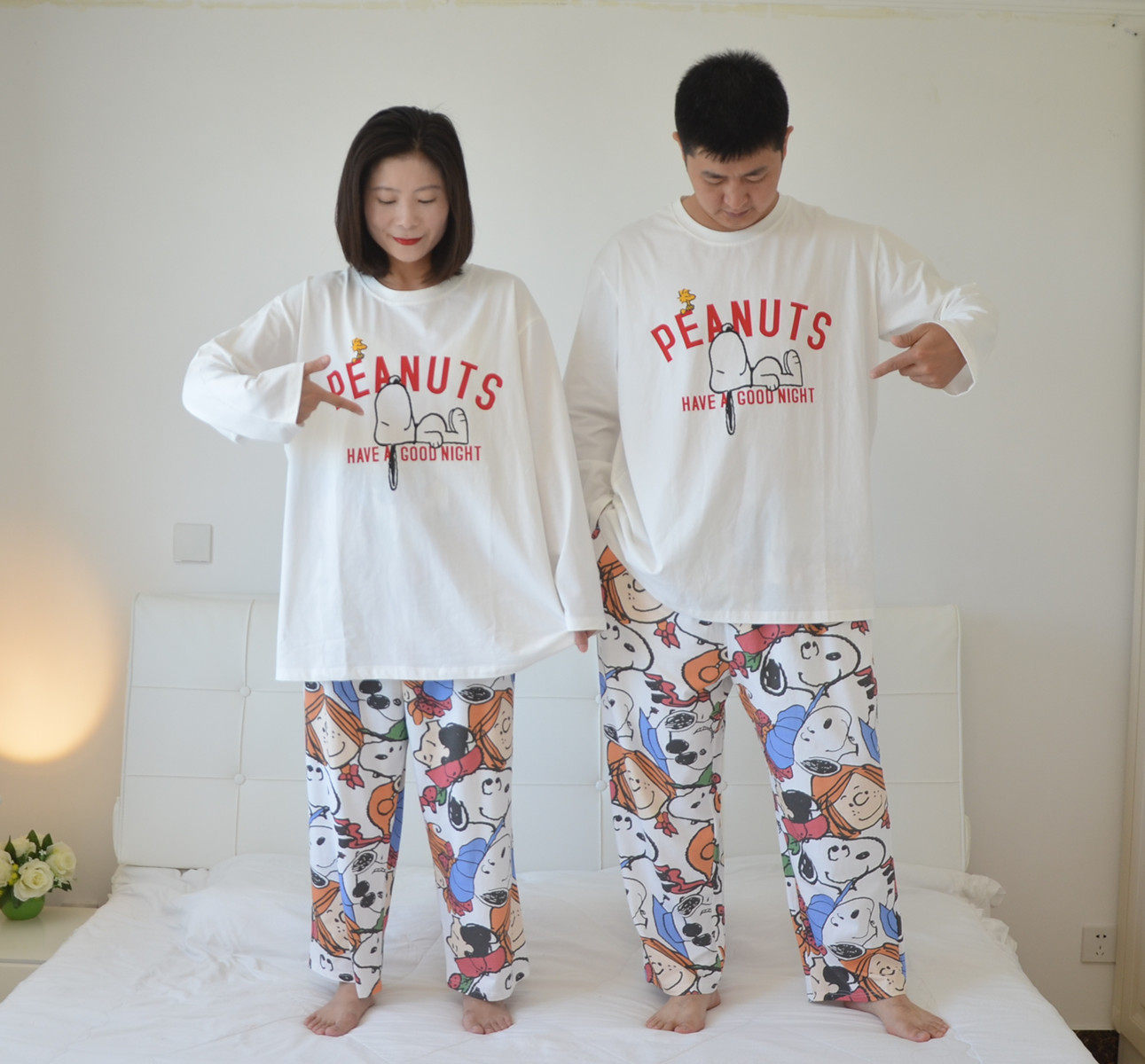 200斤加肥加大码卡通狗情侣睡衣男女秋季长袖长裤针织纯棉家居服