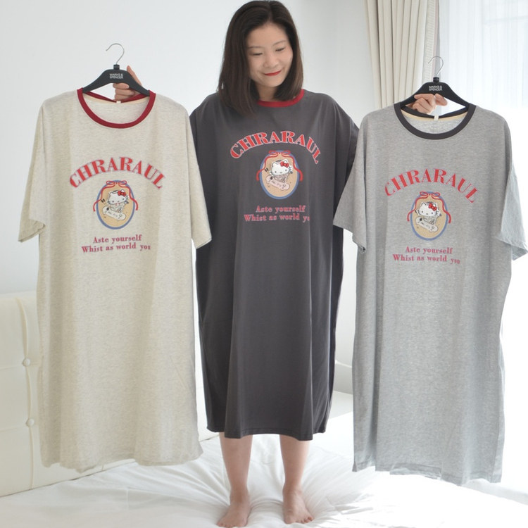 字母猫咪睡裙女夏季宽松大码薄纯棉胖MM卡通家居睡衣可外穿200斤