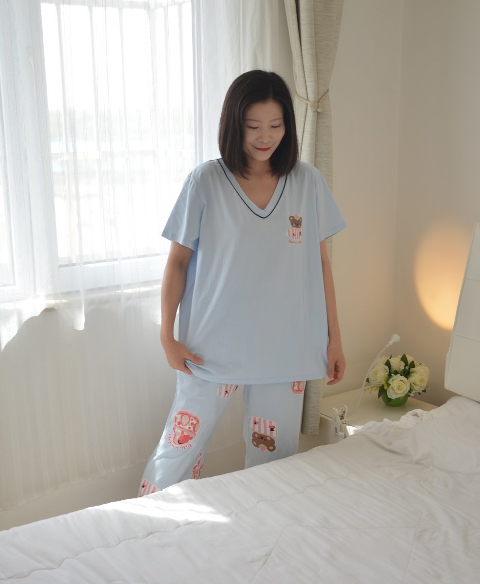 200斤加肥加大码V领杯子蛋糕睡衣女夏季短袖七分裤针织纯棉家居服