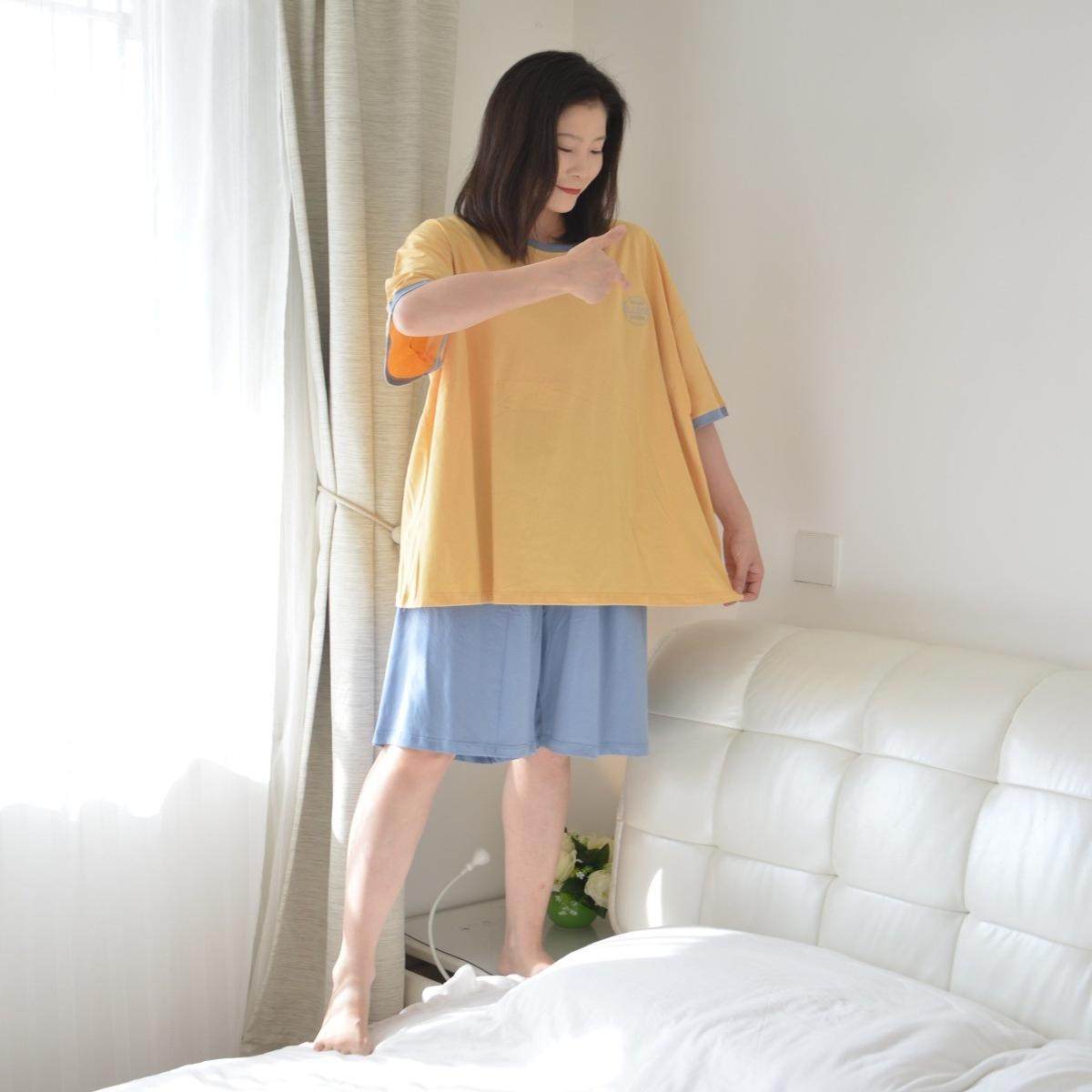200斤加大码短袖短裤睡衣女胖MM夏季针织纯棉宽松宽松卡通家居服