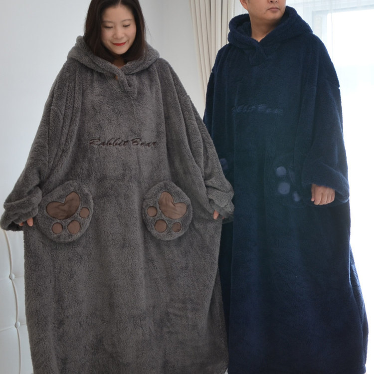 300斤超肥大码长款珊瑚绒情侣睡袍冬季加厚绒卡通熊带帽家居睡衣