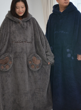 300斤超肥大码长款珊瑚绒情侣睡袍冬季加厚绒卡通熊带帽家居睡衣