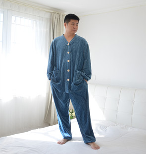 200斤加肥大码 胖MM薄绒宽松家居服 V领开衫 超柔绒情侣睡衣男女冬季
