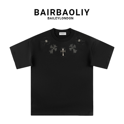 BAIRBAOLIY潮牌轻奢时尚重工十字架短袖T恤2025新款春夏休闲上衣