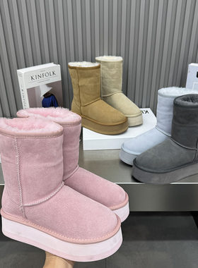 真皮松糕底保暖雪地短靴女冬季