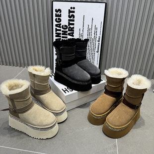 雪地靴女水钻条羊毛两穿雪地靴可爱洋气真皮短筒加绒棉靴子588