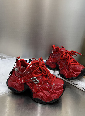 新款红色漆皮厚底松糕鞋女绑带老爹鞋增高百搭运动鞋单鞋9675-20