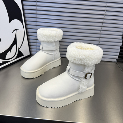 防水靴高筒翻毛卷毛口皮带扣