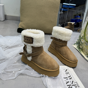 25软皮羊毛厚底雪地靴女冬季 皮带扣翻毛皮毛一体保暖加绒短靴1415