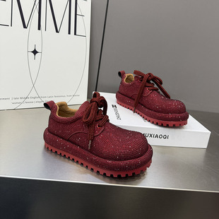 百搭舒适12 女厚底系带休闲鞋 亮片松糕鞋 26风红色满钻圆头单鞋