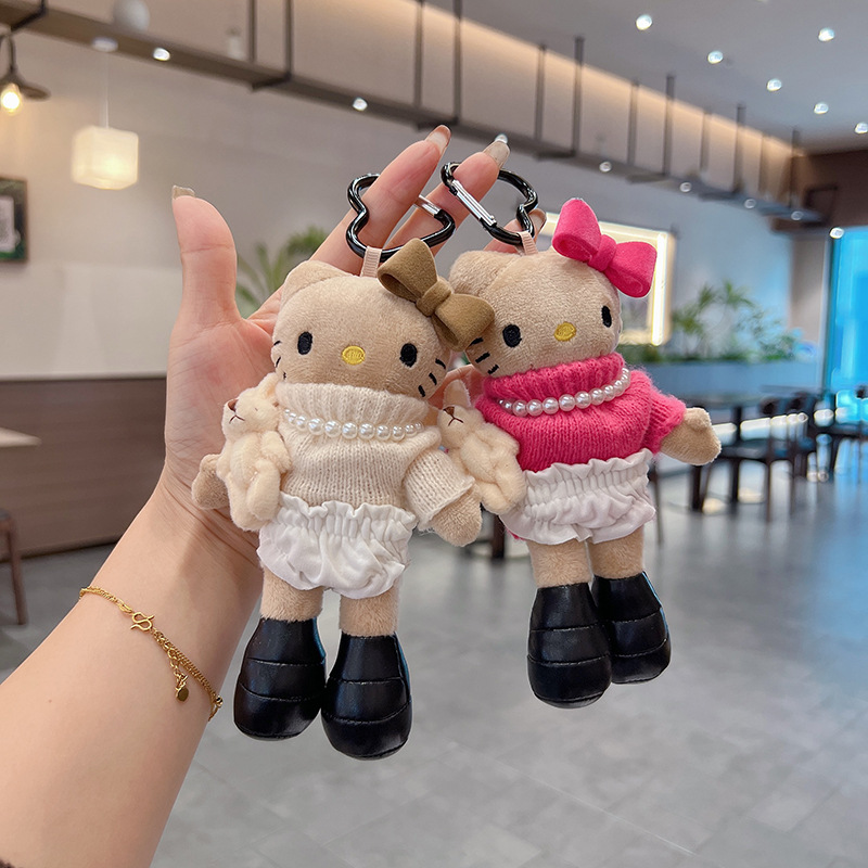 卡通毛绒高领毛衣小猫公仔汽车钥匙扣创意抱小兔呆萌玩偶包包挂饰