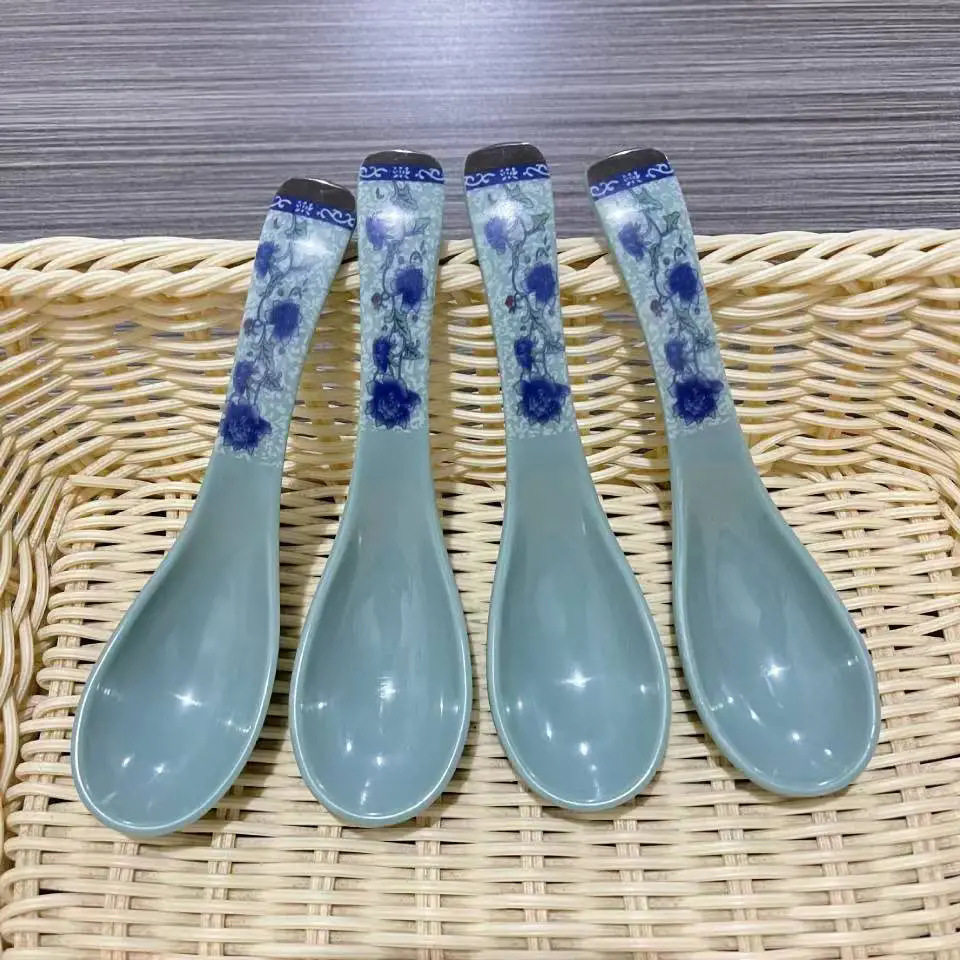 仿瓷密胺勺子家商用塑料勺短柄耐高温青花瓷调羹喝汤餐厅饭店小勺