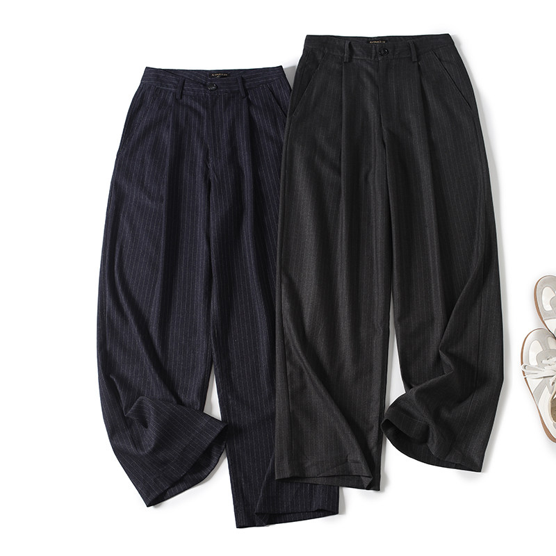 西班牙D！2025秋季简约时尚高腰显瘦宽松垂感条纹休闲裤阔腿裤女