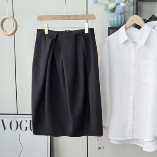 打褶花苞裙 时髦老钱风立体剪裁显瘦高腰开叉气质半身裙女春季