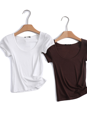 西班牙D！2025夏季美式时尚蕾丝花边大圆领显瘦正肩短袖T恤女上衣