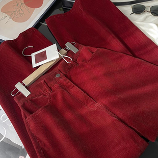 拖地裤 休闲长裤 女 时髦row碇制红色灯芯绒宽松显瘦阔腿裤 年度神裤