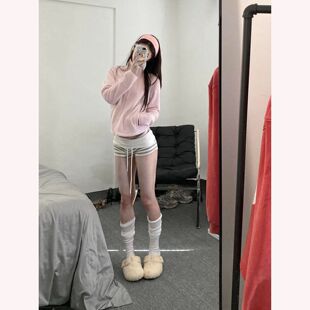 美式条纹运动短裤女夏季休闲抽绳松紧腰居家健身性感辣妹短裤