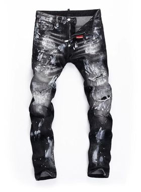 轻奢D2高版本欧美潮牌牛仔裤男黑色泼墨破洞补丁修身小脚时尚帅气