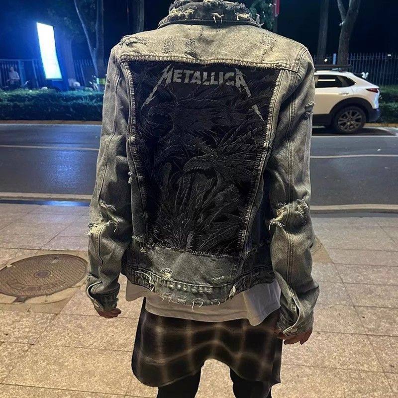 欧美高街网红风格勋章背杀牛仔夹克外套男蓝背面贴布直喷印花日系