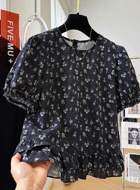 独特黑色碎花棉上衣2025夏新款复古印花圆领泡泡短袖衬衫女小衫薄