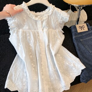 衬衫 女夏季 2026新款 自留款 娃娃衫 白色小飞袖 木耳边无袖 上衣 推荐