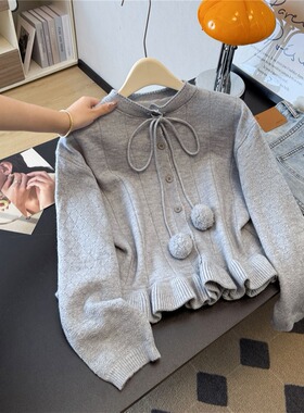 灰色圆领毛衣长袖外套女2025早秋冬新款荷叶边系带针织开衫短上衣
