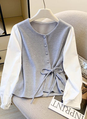 自留款推荐~藏蓝色假两件长袖衬衫女2025秋季不规则收腰衬衣上衣