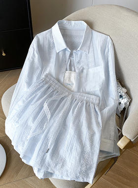 小香风蓝色小个子松弛感短裤三件套女2025新款夏衬衫防晒休闲套装