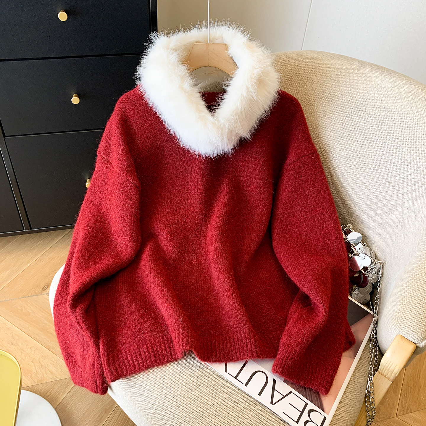 氛围感配毛领圆领毛衣保暖上衣女