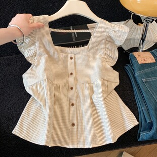 推荐 女方领小飞袖 2026夏新款 衬衫 上衣显瘦百搭 复古格子短袖 自留款