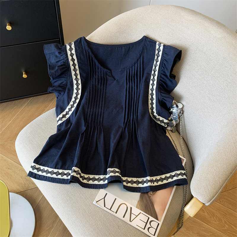 纯棉荷叶边飞飞袖V领衬衫无袖衣